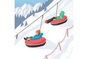 Snowboarder sitting in ski gondola and lift elevators winter sport resort snowboard people rest lifting jump vector illustration mountain