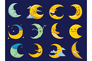 Different moon cartoon face month illustration.