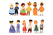 Traditional kids couples character of world dress girls and boys in different national costumes and cute little children nationality dress vector illustration.