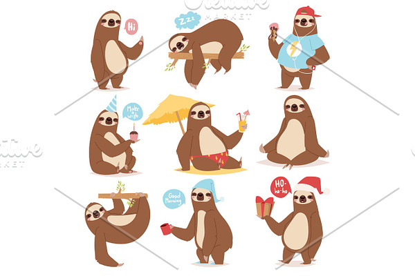 Laziness sloth animal character different pose like human cute lazy cartoon kawaii and slow down wild jungle mammal flat design vector illustration.