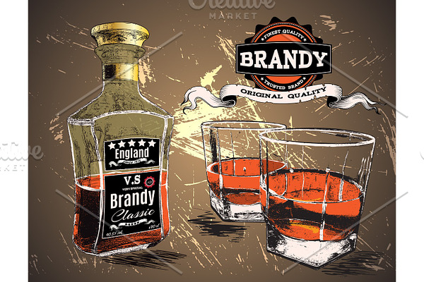 Brandy in two glasses and bottle