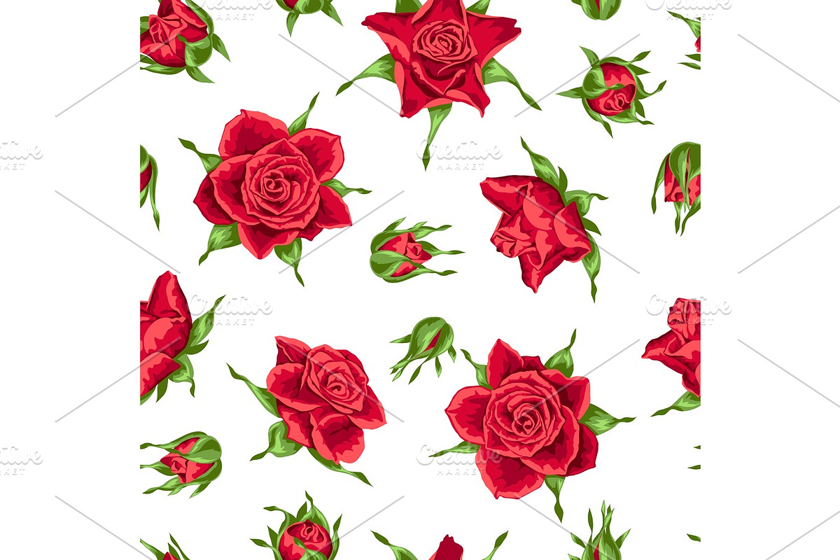 Seamless pattern with red roses. Beautiful realistic flowers, buds and leaves in Patterns - product preview 8