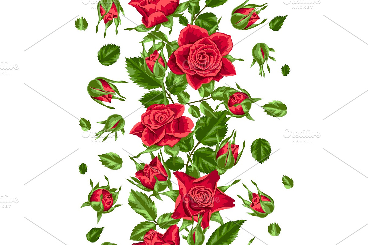 Seamless pattern with red roses. Beautiful realistic flowers, buds and leaves in Patterns - product preview 8
