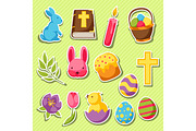 Happy Easter set of decorative objects, eggs and bunnies stickers