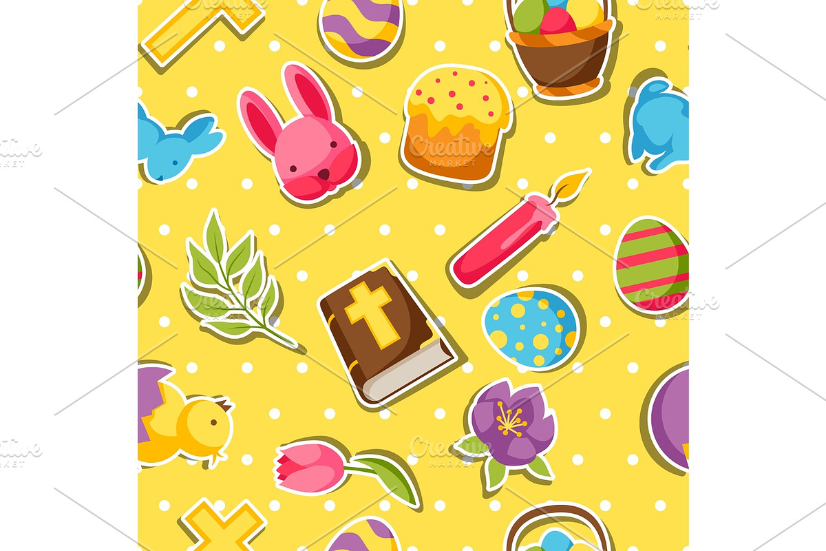 Happy Easter seamless pattern with decorative objects, eggs and bunnies stickers in Patterns - product preview 8