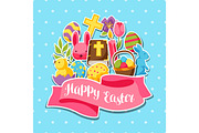 Happy Easter greeting card with decorative objects, eggs and bunnies stickers