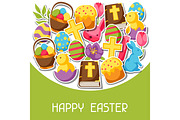 Happy Easter greeting card with decorative objects, eggs and bunnies stickers