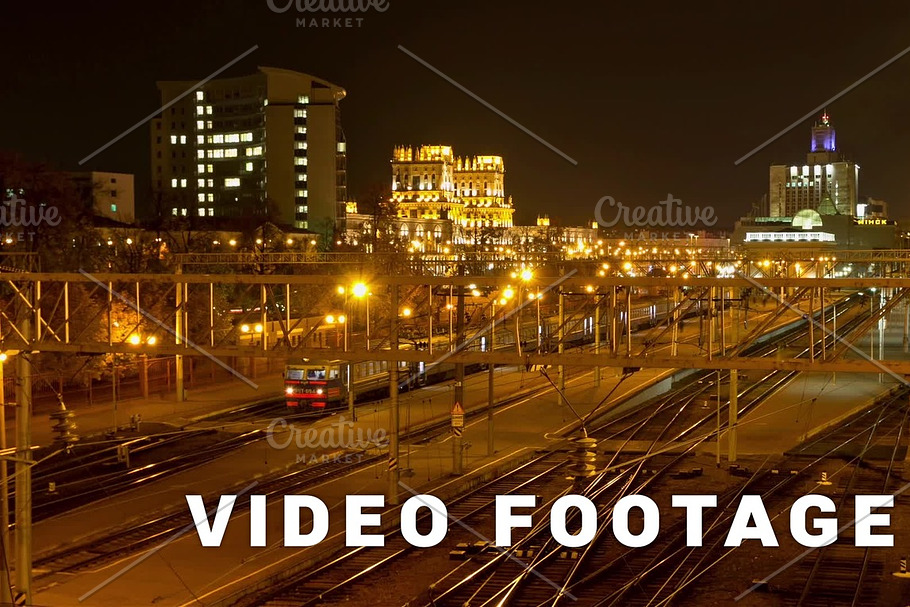 Minsk railway station at night. Dolly, time lapse shot in motion