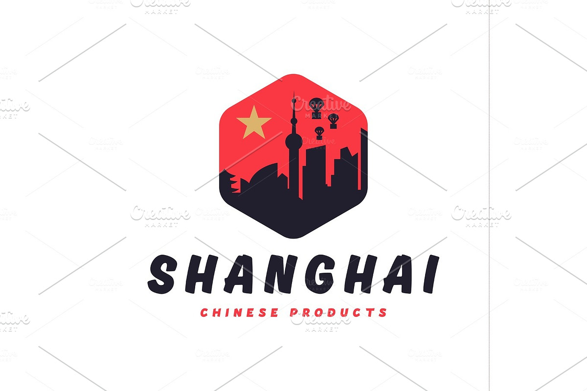 Shanghai city the shadow China building sunset red vector logo illustrations, strong trend flat in Logo Templates - product preview 8