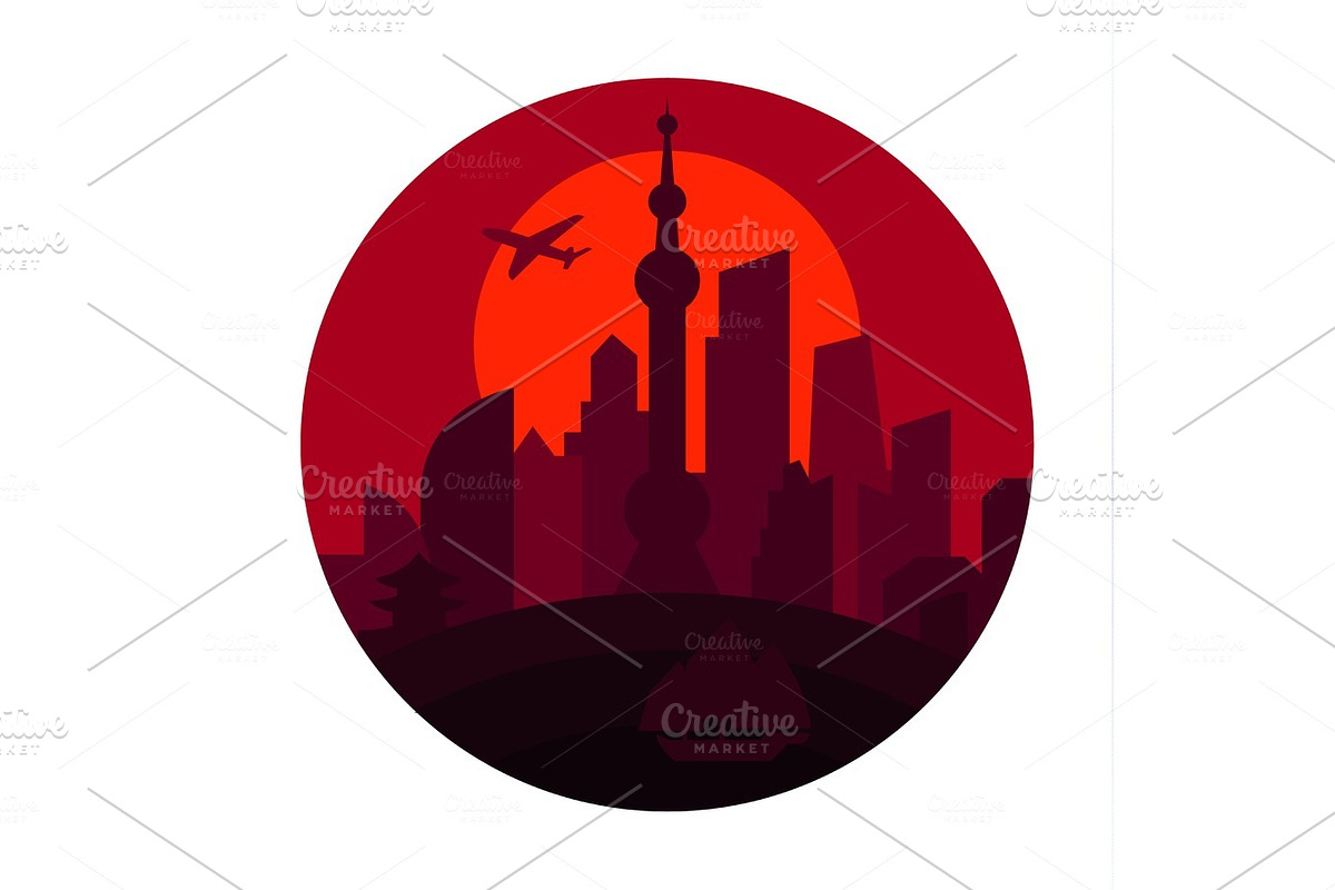 Shanghai city the shadow China building sunset red vector logo illustrations, strong trend flat in Logo Templates - product preview 8