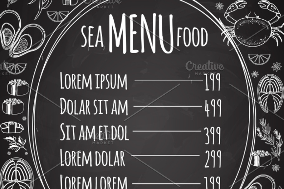 Seafood chalkboard menu template in Illustrations - product preview 8