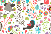 Hand-drawn birds and flowers pattern