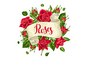 Decorative ribbon with red roses. Beautiful realistic flowers, buds and leaves