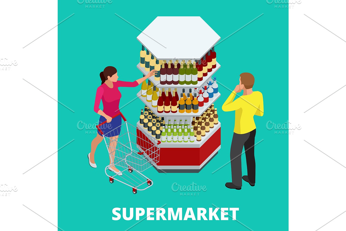Women and men shopping alcohol in supermarket. Shelves with alcohol bottles. Choosing wine for dinner. Happy young couple choosing wine together while standing in wine store in Illustrations - product preview 8