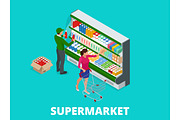 Woman shopping milk in grocery store. Isometric Supermarket thermocool refrigerator shelves food collection with milk flat vector illustration
