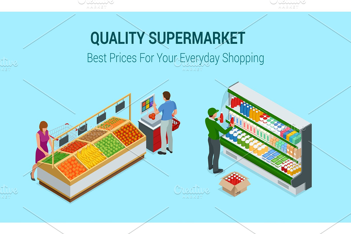 Women and man shopping vegetables and fruits in supermarket. People in supermarket interior design. Best choice. Fresh food. Quality service. in Illustrations - product preview 8