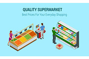 Women and man shopping vegetables and fruits in supermarket. People in supermarket interior design. Best choice. Fresh food. Quality service.
