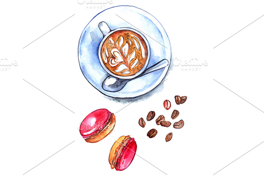 Watercolor coffee and macaroons in Illustrations - product preview 8