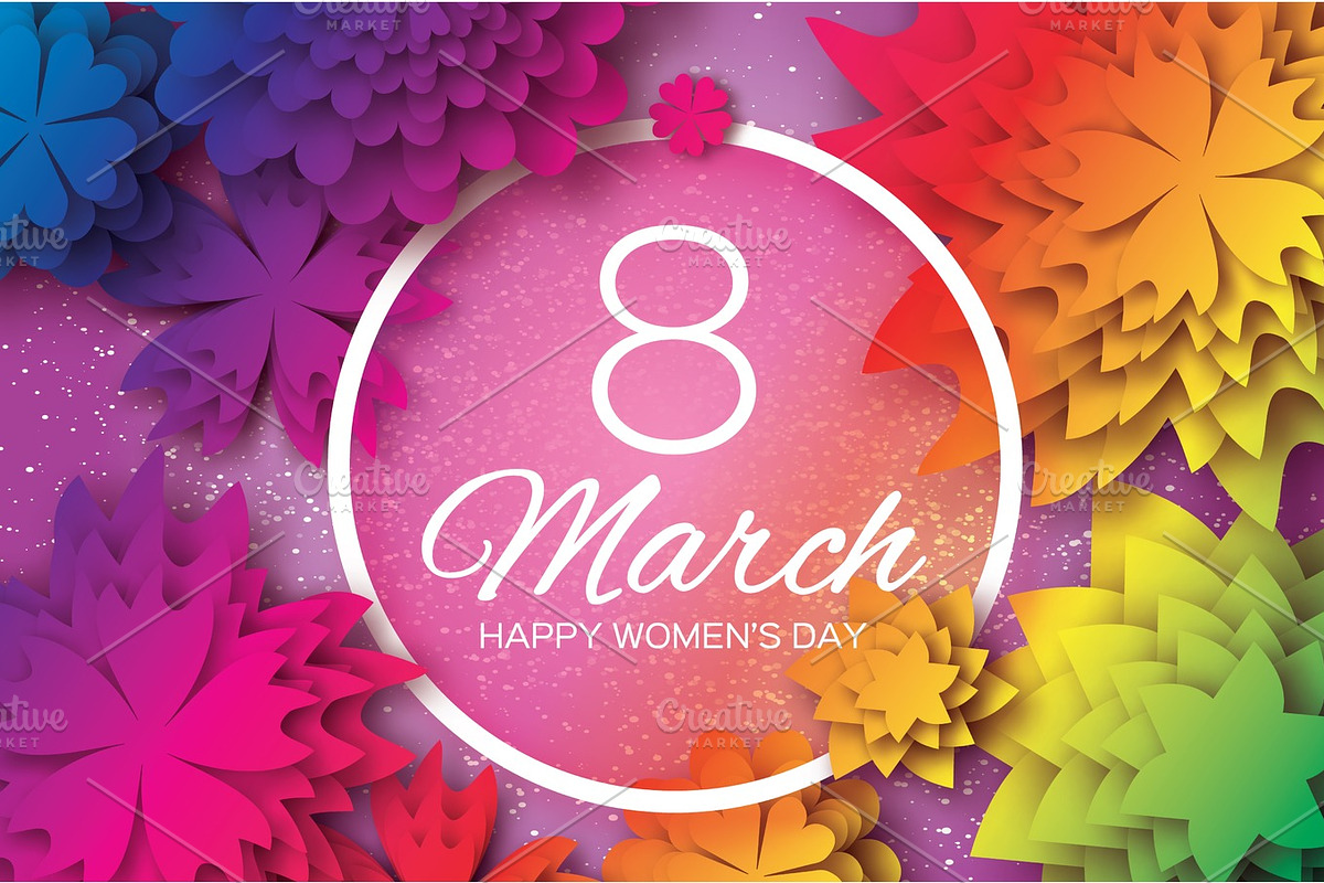 Colorful Paper Cut Flower. 8 March. Origami Women's Day. Circle Frame. Space for text in Illustrations - product preview 8