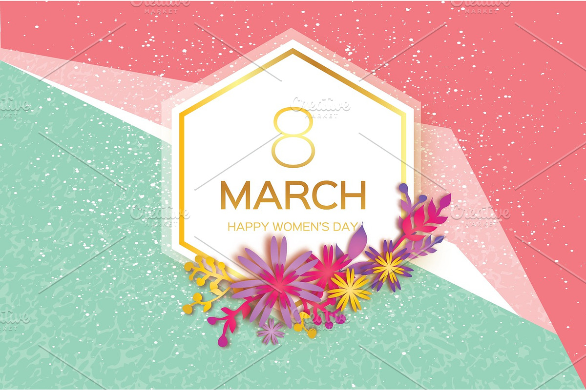 Mother's Day. Paper flower, leaves. 8 March. Hexagon frame in Illustrations - product preview 8