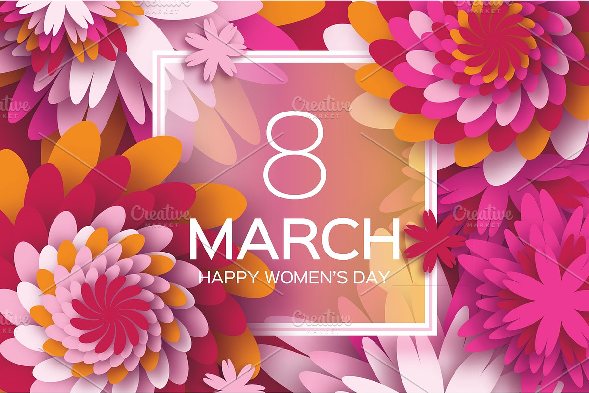 Mother's Day. Pink Paper flower. 8 March. Square frame in Illustrations - product preview 8