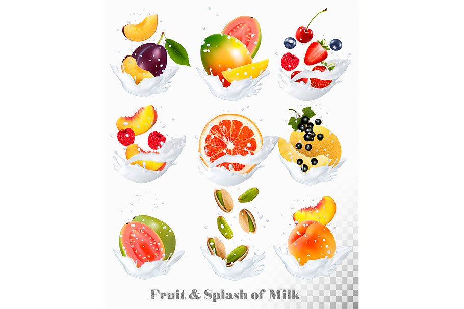 Сollection of fruit in a milk splash in Illustrations - product preview 8
