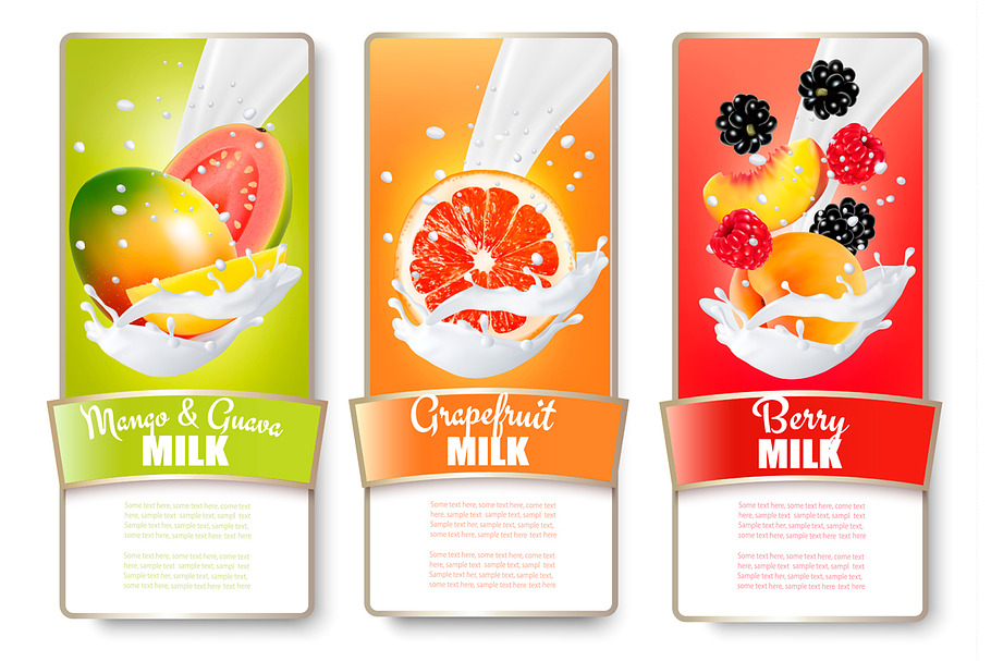 Labels of of fruit in milk splashes in Illustrations - product preview 8