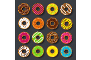 Donut, begel with cream. Cookies,cookie cake set. Sweet dessert. with sugar,caramel. Tasty breakfast. Cooking. Cafateria food, snack. Coffee shop.Vector illustration.