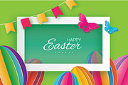 Origami Happy Easter. Colorful Paper cut Easter Egg, flag, butterfly. Rectangle frame. Green background