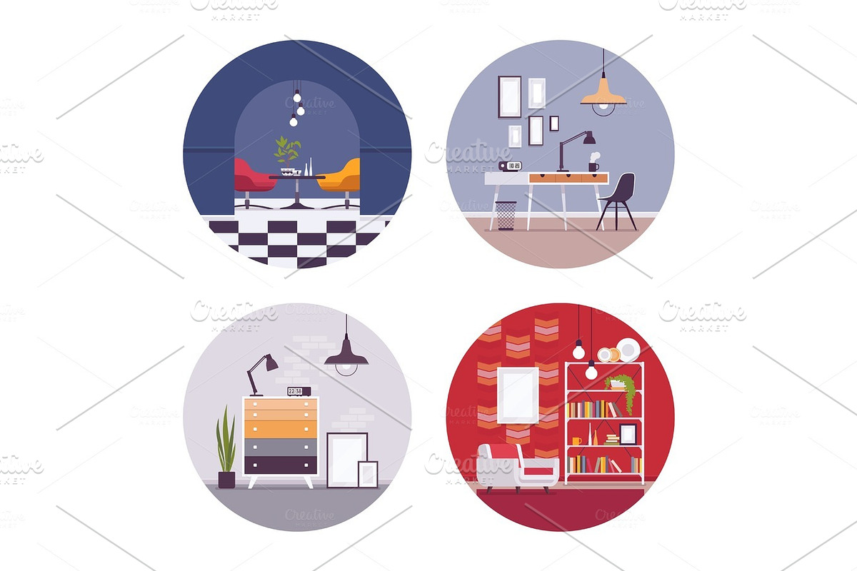 Set of four retro and modern interiors in Illustrations - product preview 8