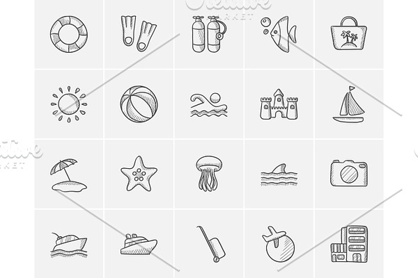 Travel and holiday sketch icon set.