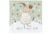 Funny sheep on winter background and