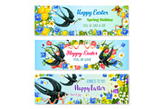 Easter holiday banner with spring flower and bird