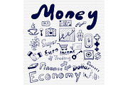 Mega collection of money finance, business and money concepts, hand drawn doodles