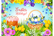 Easter paschal cake, eggs, flowers vector greeting