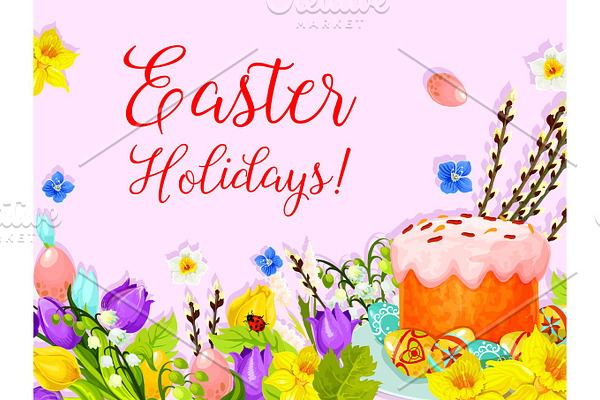Easter paschal cake egg, willow flower vector card