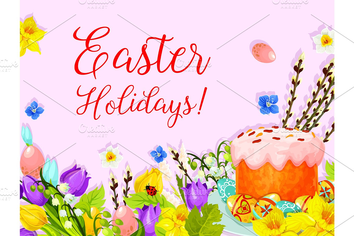 Easter paschal cake egg, willow flower vector card in Graphics - product preview 8