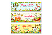 Easter cartoon banner with spring holiday symbols