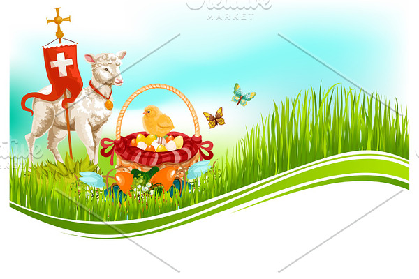Easter paschal eggs and lamb vector greeting card