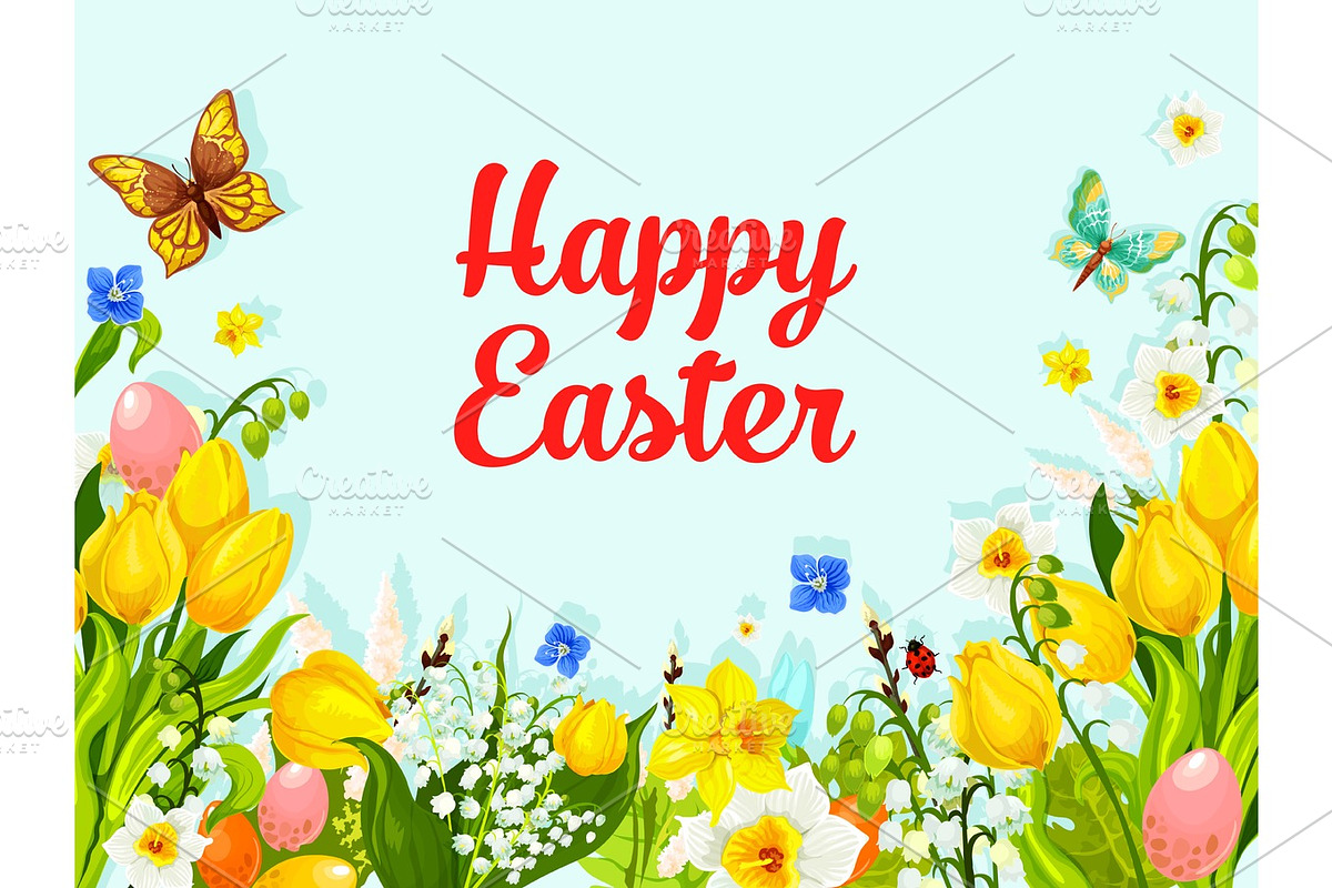 Easter spring flowers holiday vector greeting card in Graphics - product preview 8