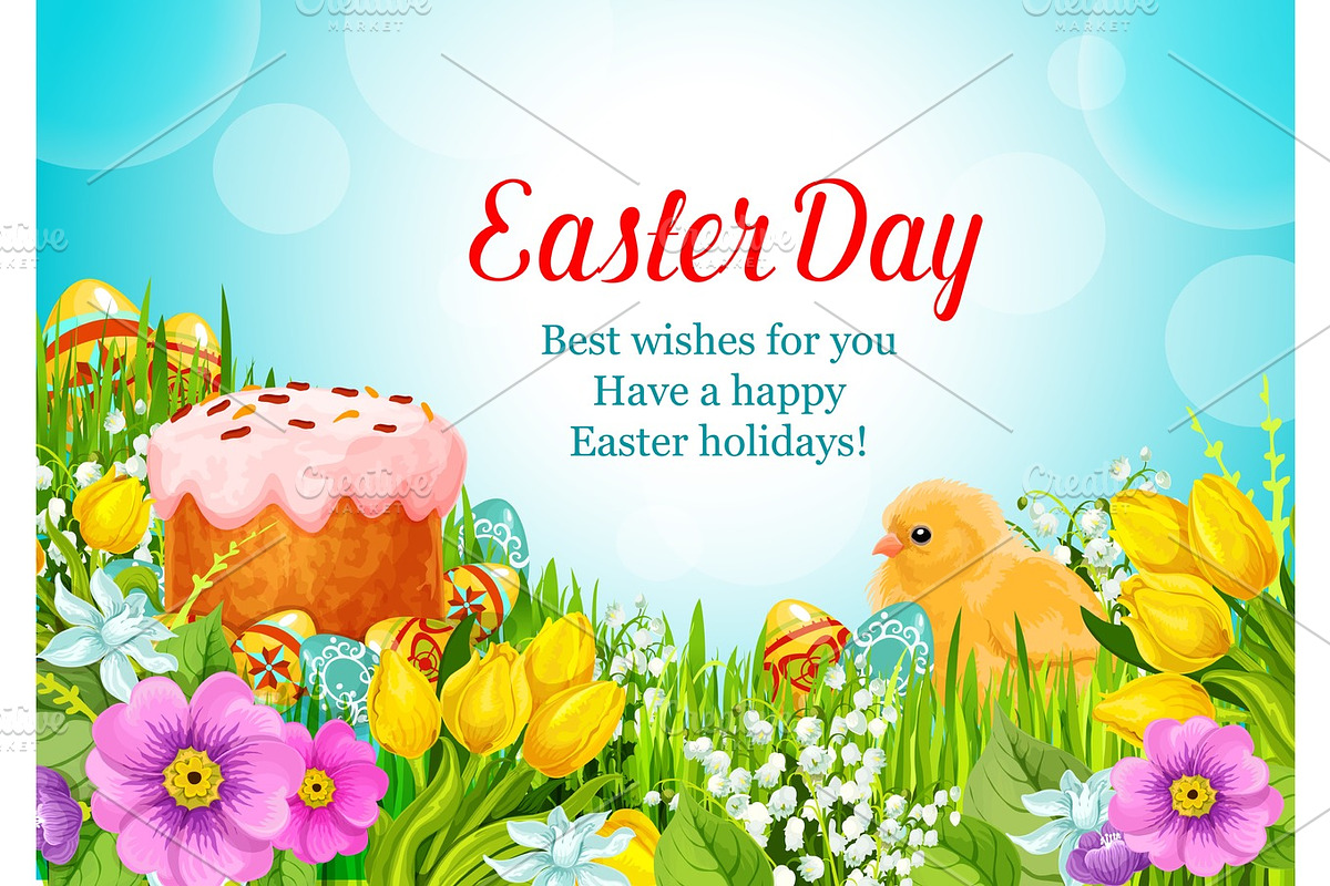 Easter vector greeting paschal cake, eggs, flowers in Graphics - product preview 8