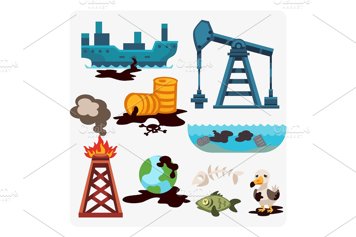 Ecological problems environmental oil pollution of water earth air deforestation destruction of animals mills factories forest protection vector illustration. in Objects - product preview 8