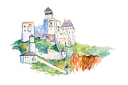 Trencin castle on top of the hill famous landmarks travel and tourism waercolor illustration