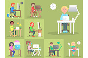 Set of People at Computer in Office Cartoon Style