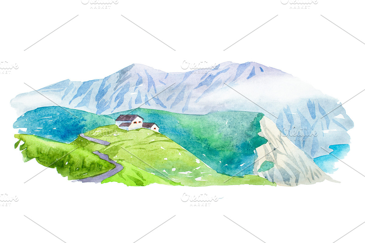 Natural summer beautiful mountain landscape watercolor illustration. in Illustrations - product preview 8