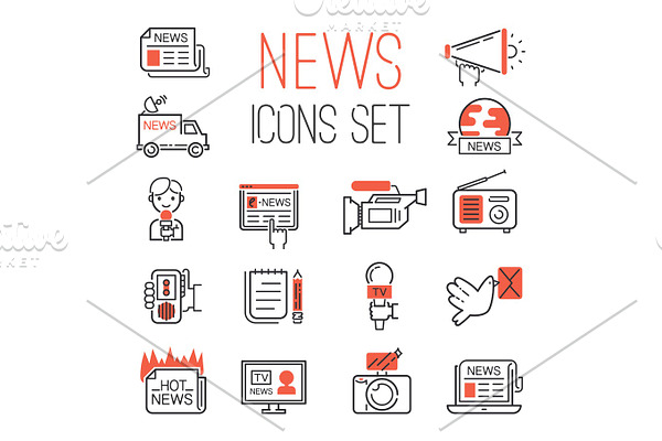 Journalism media hot tv news outline black communication and chat information online red icons communicate set microphone global vector illustration.