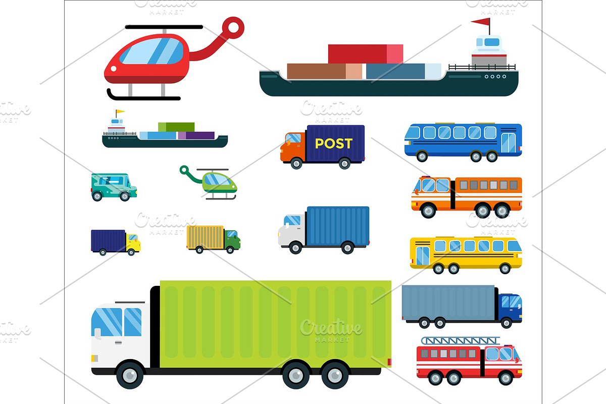 Transport delivery vector isolated white transportation car bus van fire truck helicopter ship silhouette icon tanker business logistic shipment set in Illustrations - product preview 8