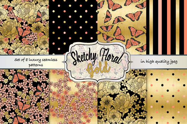 Floral gold & coral seamless pattern