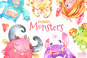 Watercolor Funny Monsters.