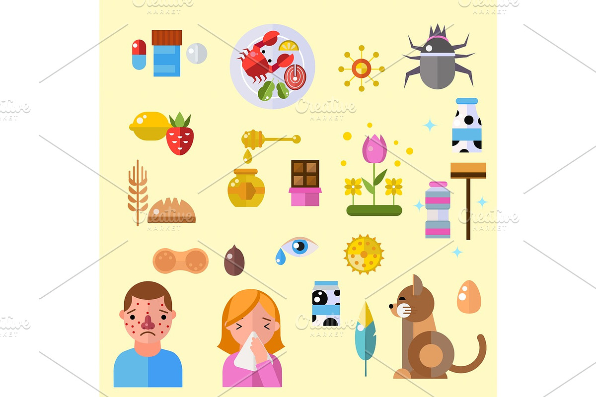 Allergy symbols disease healthcare tablets viruses and health flat label people with illness allergen symptoms disease information vector illustration. in Illustrations - product preview 8
